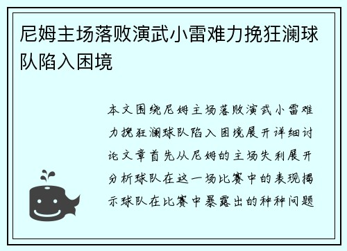 尼姆主场落败演武小雷难力挽狂澜球队陷入困境
